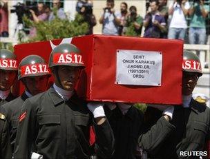 Turkish soldiers at a funeral in Istanbul on 15 August bear the coffin of a comrade killed in a PKK attack two days earlier