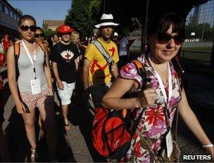 Catholic pilgrims at a host school in Madrid, 17 August