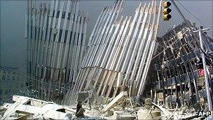 Remains of World Trade Center buildings after the attacks on 11 September 2001