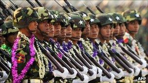 Burmese soldiers take part in a military parade (file image from March 2010)