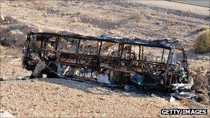Burned out bus near Eilat, Israel (18 Aug 2011)