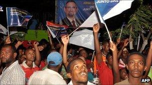 Supporters of Jorge Carlos Fonseca celebrate his victory in elections on Sunday