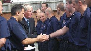 The Duke of Gloucester meets firefighters at Gloucester Fire Station