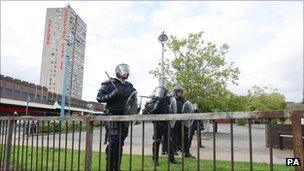 Riot police by Salford Shopping City