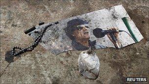 Picture of Muammar Gaddafi in the Bab al-Aziziya compound, Tripoli, 25 August 2011