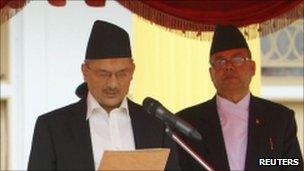 Baburam Bhattarai being sworn in on 29 August 2011