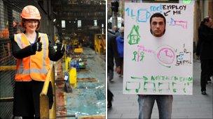 Australian Prime Minister Julia Gillard gives thumbs up to the mining industry while university student walks around with a sign saying 'Employ Me' in Sydney