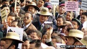 Retired Gurkha soldiers stage a mass protest along Whitehall in 2007, over Britain's refusal to give them full pensions and other rights.