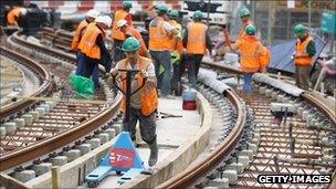 Workers on the new tram line in Edinburgh