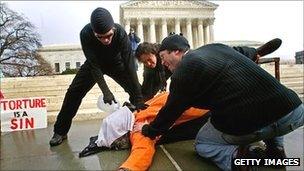 Protesters demonstrating waterboarding in Washington DC