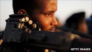 A fighter near the central Somali town of Galkayou kayou on 18 August 2010