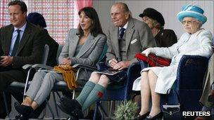 David Cameron and his wife Samantha along with the Queen and Prince Philip at Braemar Gathering