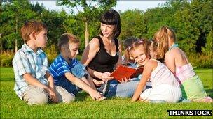 Teacher with children outdoors