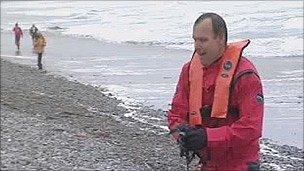 A Manx Shearwater being rescued at Newgale