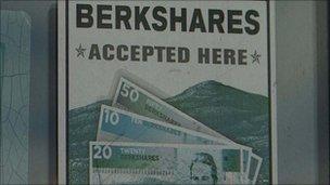 Sign reads "Berkshares accepted here"