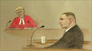 Court drawing of Robert Stewart giving evidence in front of Justice John Gillen