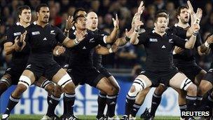 New Zealand All Blacks perform the haka before their Rugby World Cup match against Tonga at Eden Park