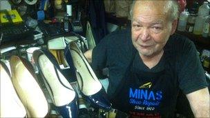 Minas Polychronakis in his shoe shop