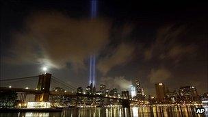 Tribute of Light over the Manhattan skyline on the evening of Sunday 11 September 2011