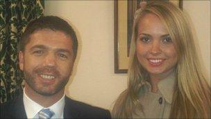 A bearded Stephen Crabb and Miss England, Alize Mounter, who is Welsh