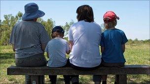 A family sitting on a bench