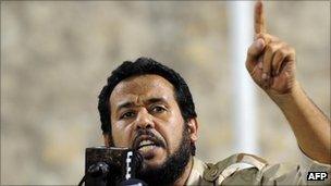 Libyan Tripoli military commander Abdel Hakim Belhaj addresses a rally in Tripoli on September 9