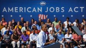 US President Barack Obama speaks to a crowd in Ohio to sell the American Jobs Act to voters