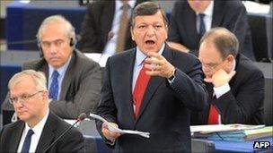 European Commission President Jose Manuel Barroso (second right) talks at the European Parliament, Strasbourg, France, 14 September 2011