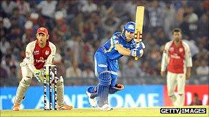 Action from the IPL Twenty 20 cricket match between Kings XI Punjab and Mumbai Indians