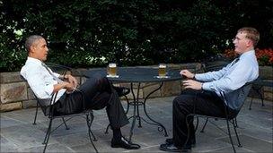 US President Barack Obama has a beer with Dakota Meyer