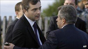 Kremlin aide Vladislav Surkov (left) at the site of the Yaroslav air crash, 7 September