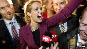 Helle Thorning-Schmidt celebrates in Copenhagen. 15 Sept 2011