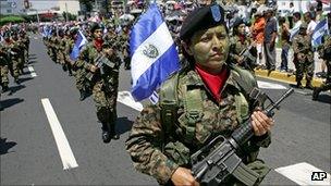 Women soldiers march on El Salvador's independence day.