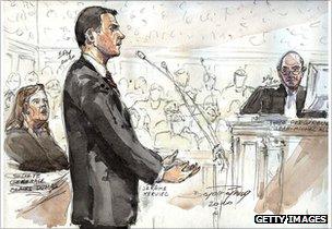 Artist's impression of Jerome Kerviel testifying in a French court