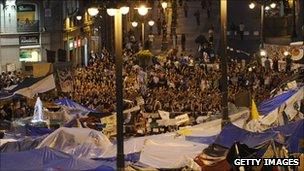 Protesters encamped at Puerta del Sol in Madrid