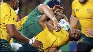 Sean O'Brien tackles Will Genia