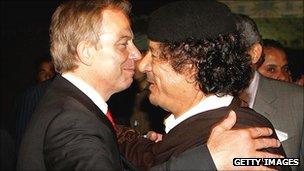 Tony Blair hugs Muammar Gaddafi in 2007
