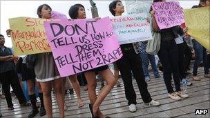 Indonesian women stage a protest wearing miniskirts at Jakarta"s central roundabout on September 18, 2011