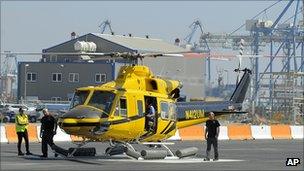 Helicopter ferrying workers to a Noble offshore oil and gas rig prepares to take off from Cyprus's Limassol port on 19 September 2011