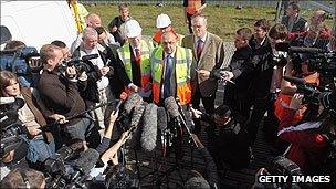 Media scrum around Basildon Council leader Tony Ball at Dale Farm