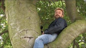 Mike Snow sitting in a beech tree at Irton near Scarborough