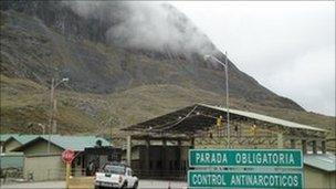 Bolivia drugs control checkpoint on road to the Yungas coca-growing region