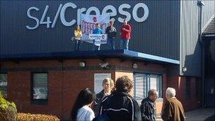 Protestor on roof of S4C's headquarters