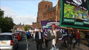 Unison members marched from Shrewsbury Abbey to Shirehall