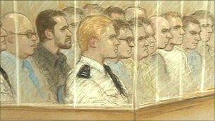 Artist's impression of the defendants and prison officers in the dock
