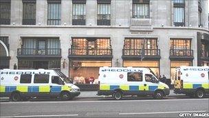 North Wales Police vans deployed in Regent Street, London in August