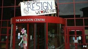 Protesters climbed the entrance of the Basildon Council building