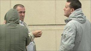 Accused David Miller (with hood up), John Bond and Darren Moore