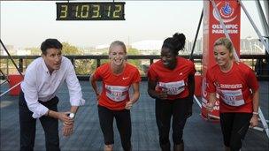 Locog chair Seb Coe with athletes Hannah England and Christine Ohuruogu and actress Tamzin Outhwaite