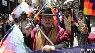 Indigenous supporters of President Morales protest in La Paz, 30 September